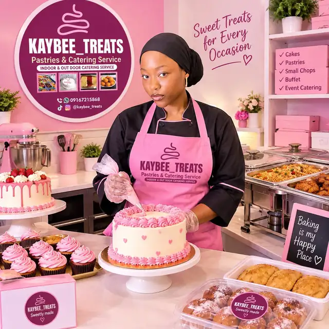The KayBee Treats baker in a pink apron decorating a pink cake, with cupcakes and catering trays