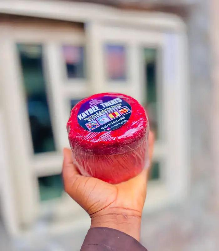 Red velvet cake in a KayBee Treats container